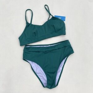 BNWT Cupshe Womens Two Piece Swimsuit Size Medium Green Black Sporty NEW Texture